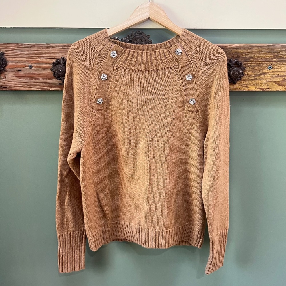 J.Crew Womens Camel Brown Lambswool Blend Rhinestone Button Shoulder Sweater M